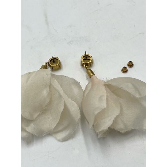 Gold Tone Ivory Fabric Tulip Drop Rhinestone Dangle Flowing Earrings - Picture 8 of 10